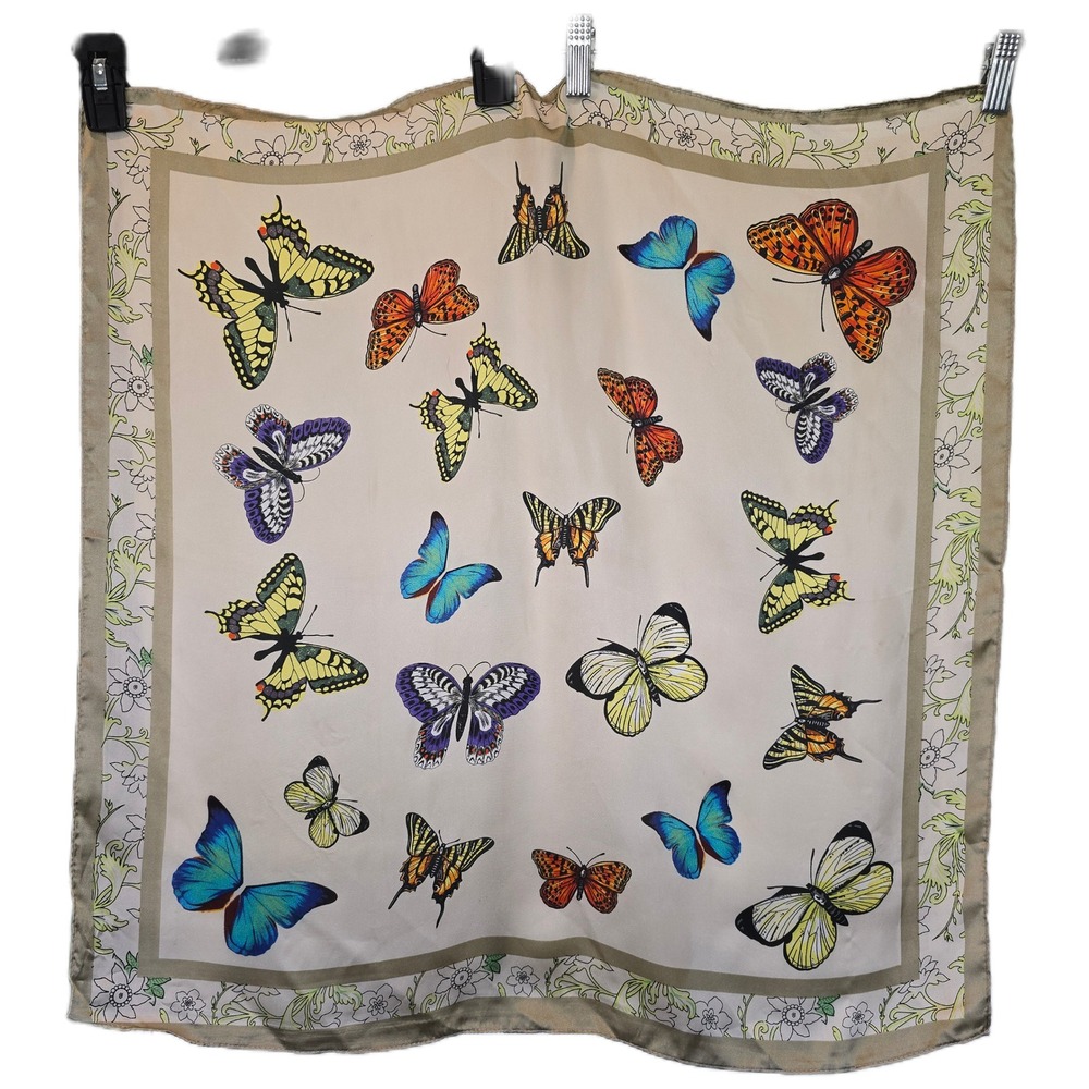 Vintage Style Butterfly Print Square Scarf Cream Green Blue Floral Border Poly